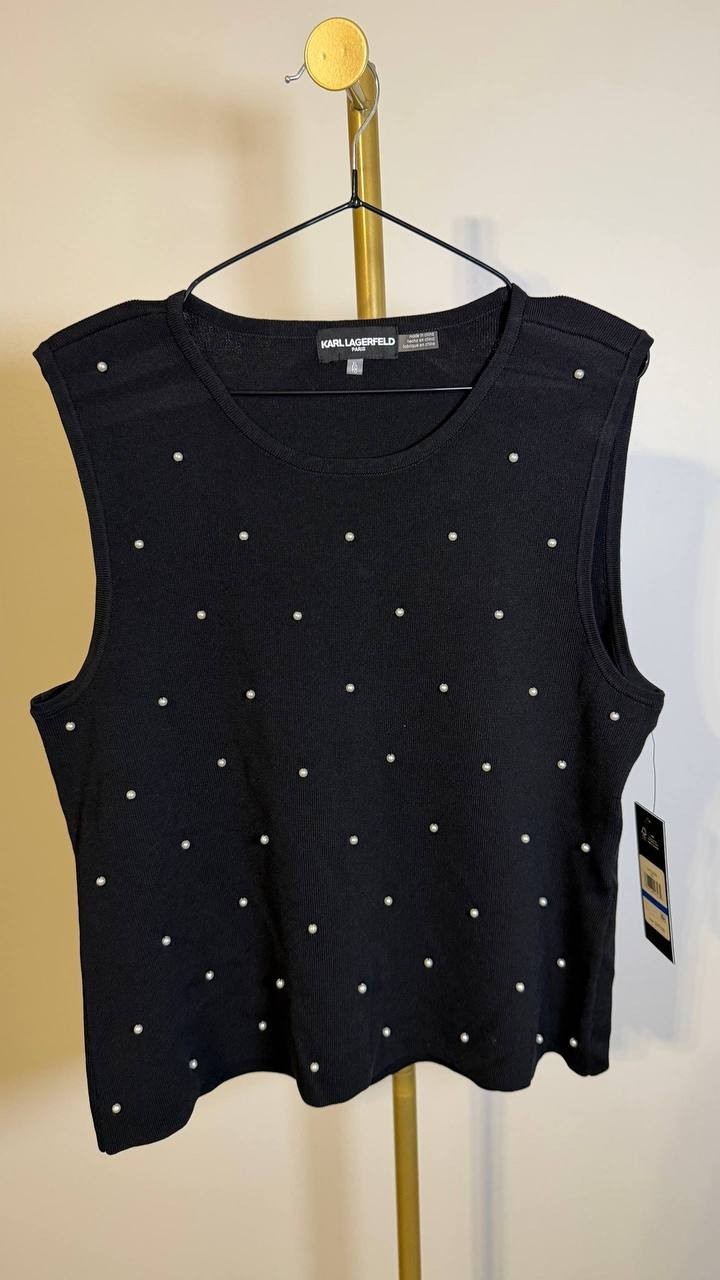 Karl Lagerfeld Paris Faux‑Pearl Sleeveless Sweater Top Black XL $79 NWT