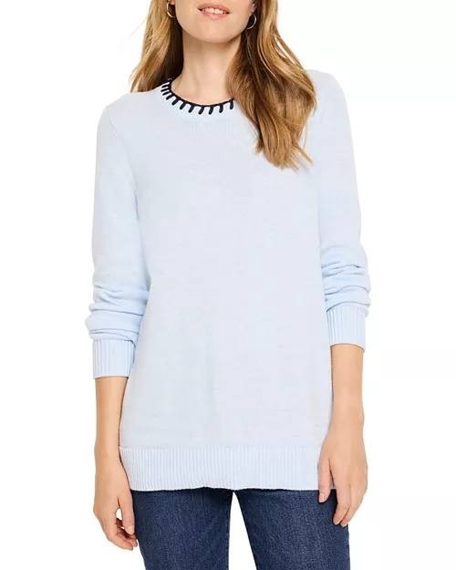 NIC+ZOE Women’s Blanket Stitch Cotton‑Blend Sweater Blue Glow XXL $158 NWT