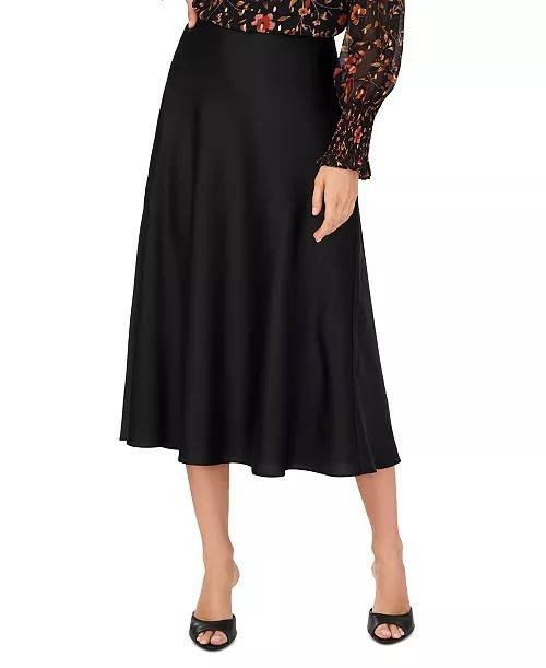 CeCe Skirt L Black Satin A-Line Midi Side Zip Snag Flawed Hem Feminine NWT