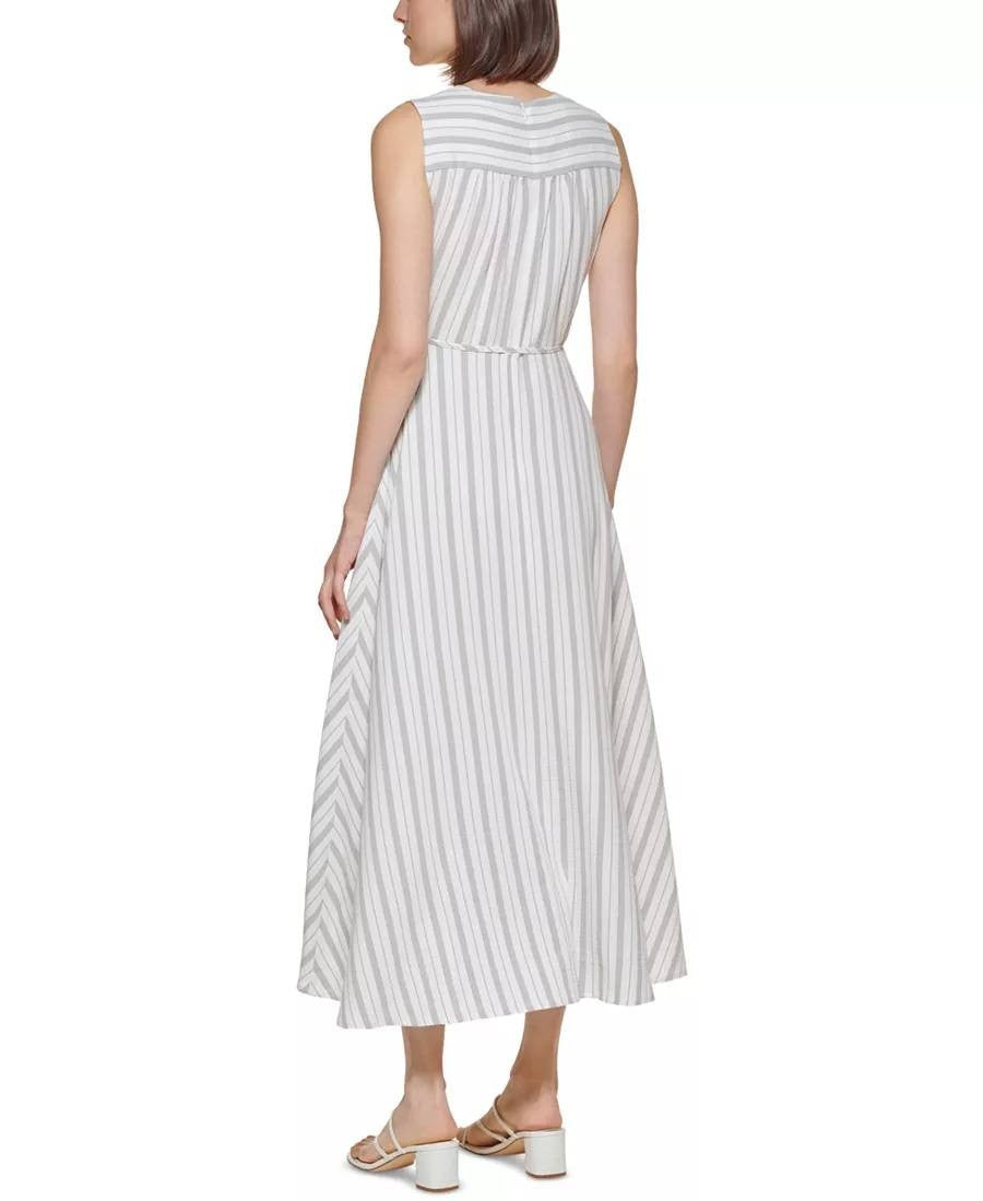 Calvin Klein White Striped Maxi Dress 8 Pre‑Owned Sleeveless Chic msrp$139