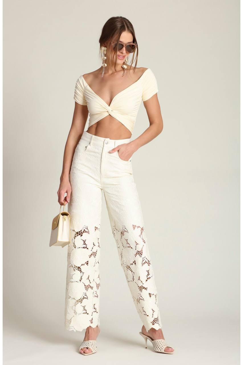 Avec Les Filles High Waist Embroidered Lace Cotton Pants Off White 27 NWT $158