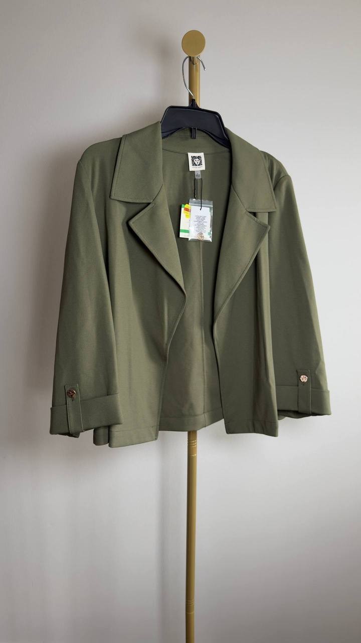 Anne Klein Petite Notch Collar Stretch Jacket Olive Palm L NWT $129