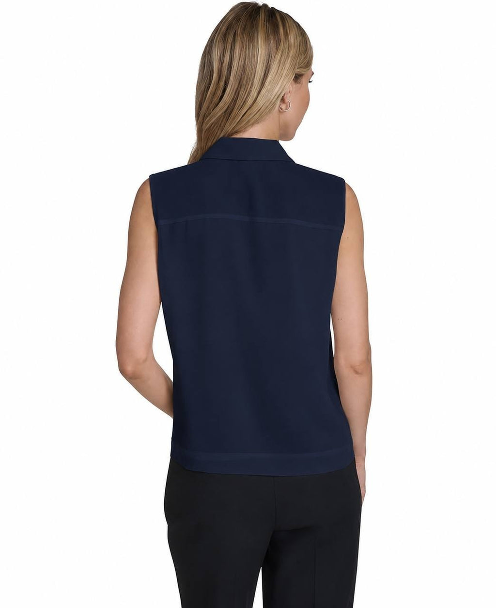 Calvin Klein Women’s Sleeveless Pleated Front Collared Blouse Navy M NWT $89
