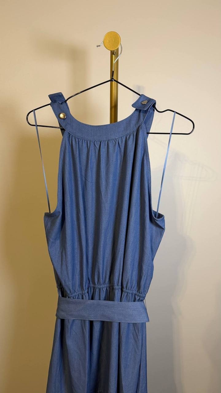 T Tahari Tiered Fit & Flare Halter Maxi Dress Blue XL $138 NWT