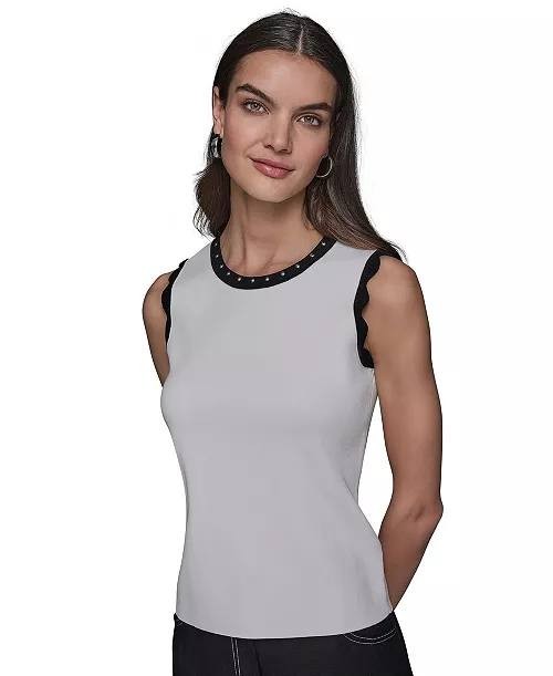 Karl Lagerfeld Sleeveless Sweater L White Scallop Edge Knit NWT