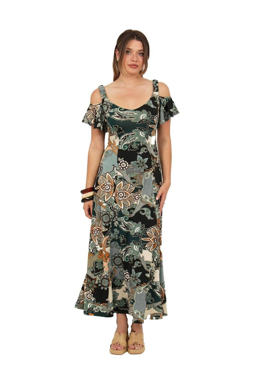 24Seven Comfort Apparel Cold Shoulder Maxi Dress Paisley Print L NWT $73