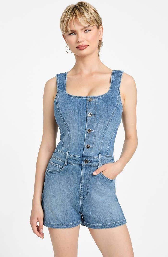 Guess Sunni Sleeveless Stretch Denim Romper Dream Blu Size L NWT $148