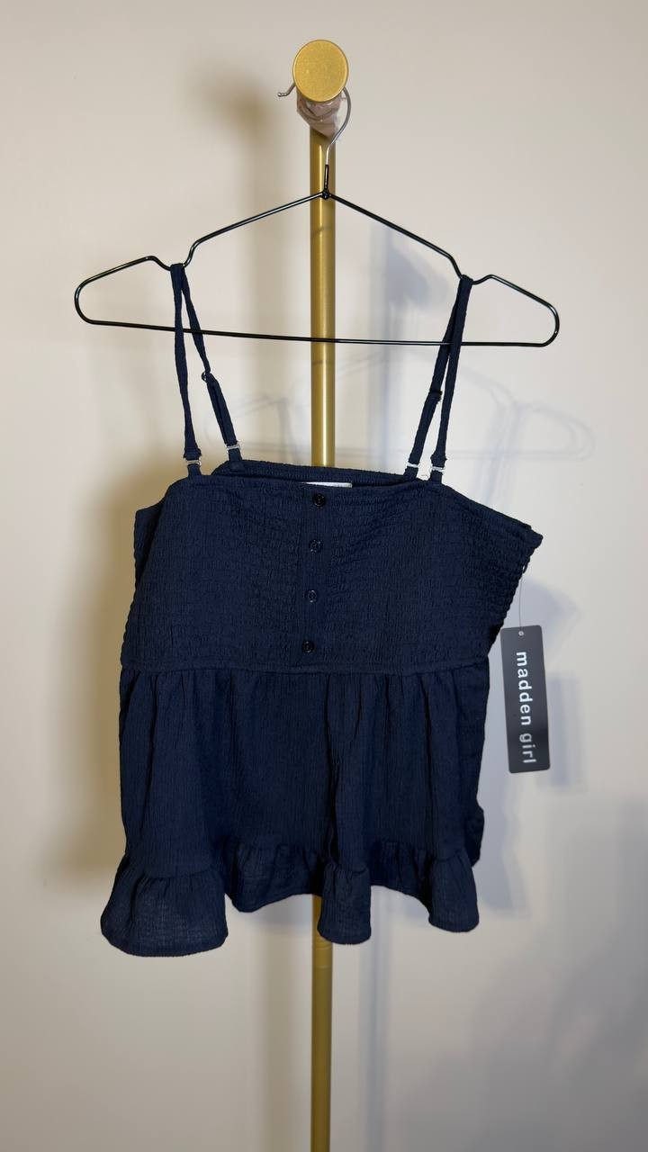 Madden Girl Smocked Ruffle Hem Sleeveless Top Navy L NWT $59