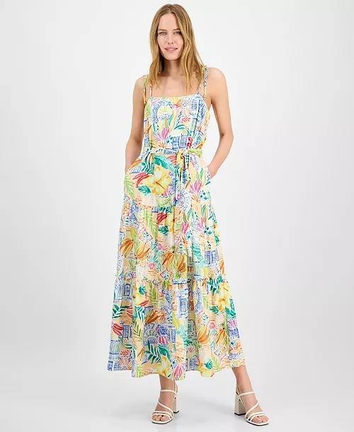 Julia Jordan Straight‑Neck Sleeveless Printed Dress Ivory Multi L NWT $129