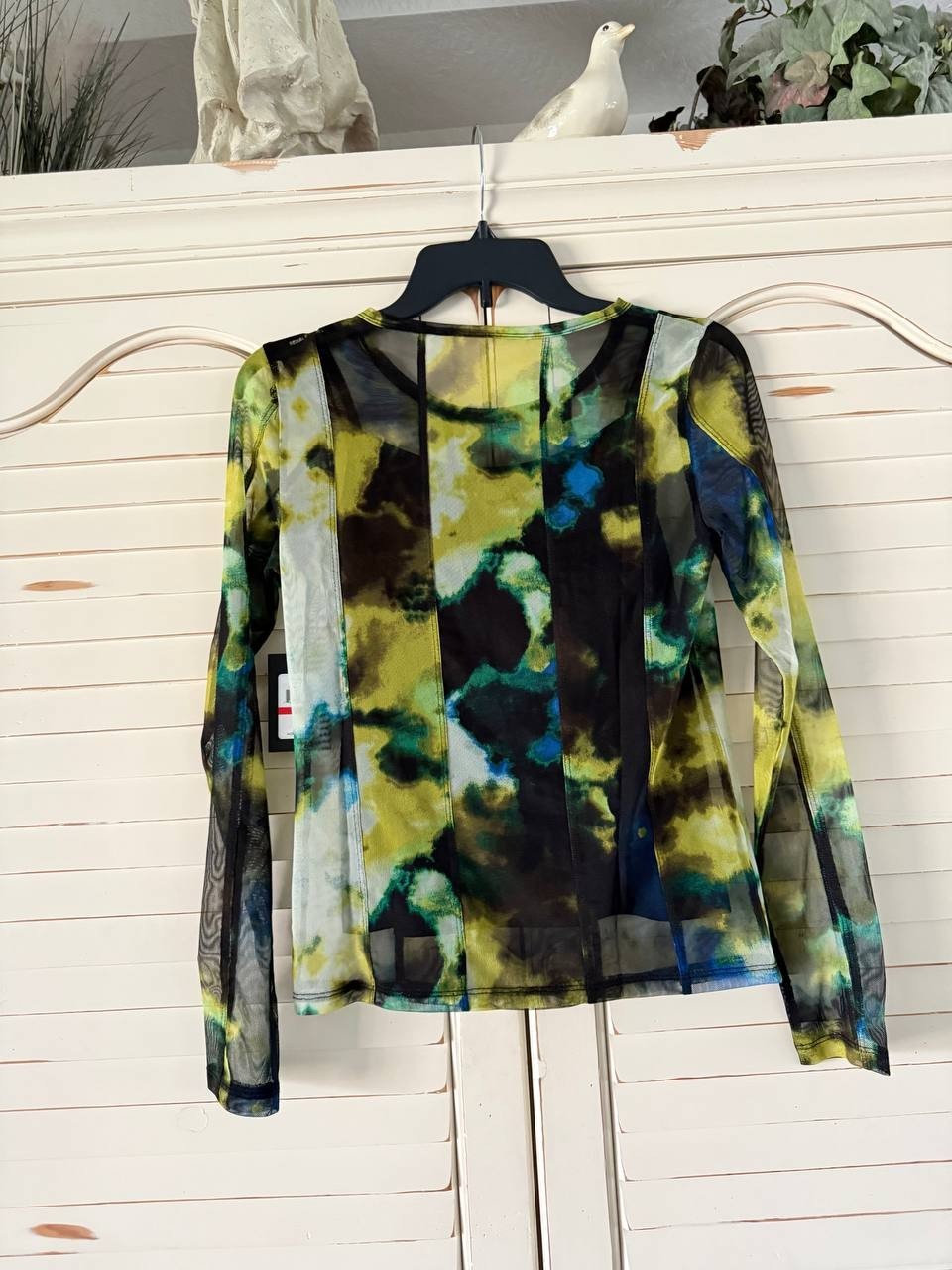 DKNY Tie-Dye Mesh Top – Size XS – NWT – Floral Multi Long Sleeve Crewneck Sheer