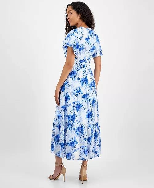 Julia Jordan Printed Ruffle-Sleeve Midi Dress Blue Ivory 8 NWT $139