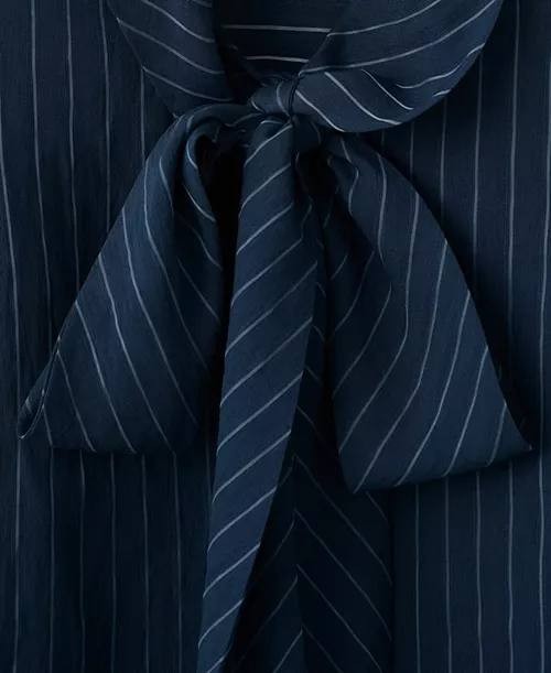 Mango Tie Neck Striped Button Blouse Navy 8 NWT $70