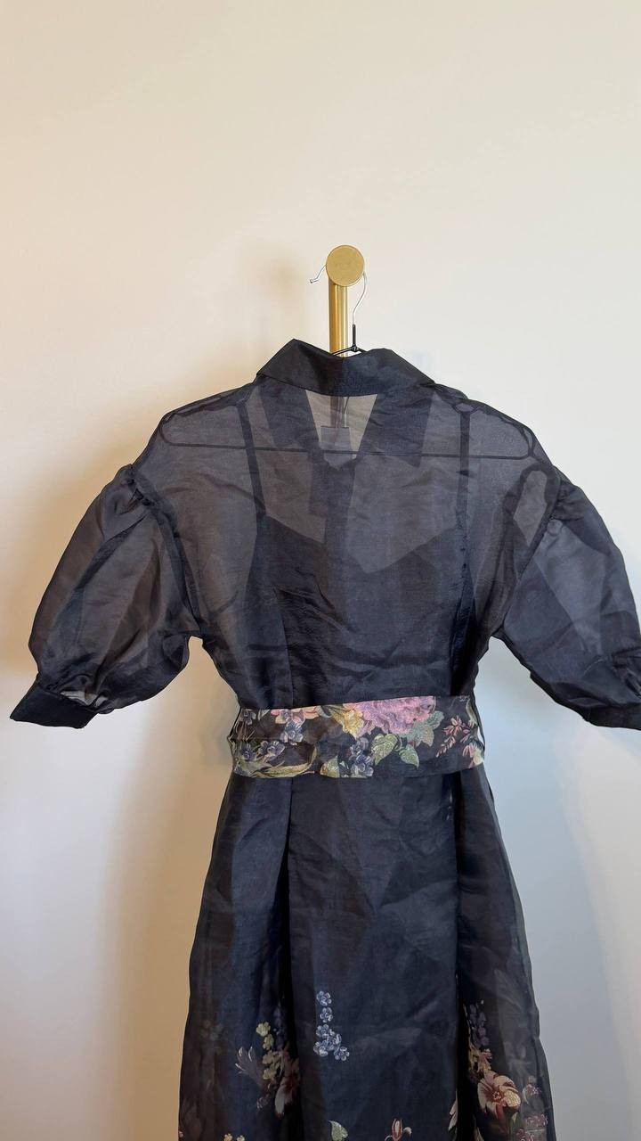 Nancy Yang Floral Print Dress Black Puff Sleeve Belted Size S NWT $195