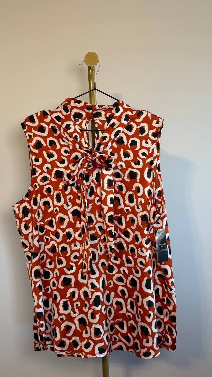 Tahari ASL Printed Sleeveless Tie‑Neck Blouse Orange Multi XL NWT $69