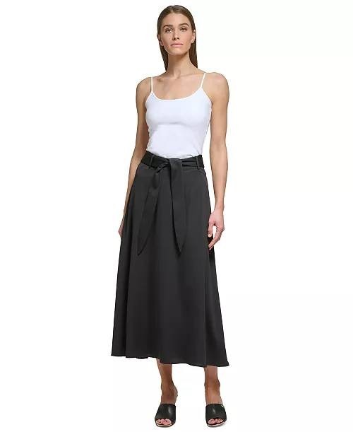 DKNY Women’s High Waisted Self‑Tie Midi Skirt Black Size 16P NWT $109