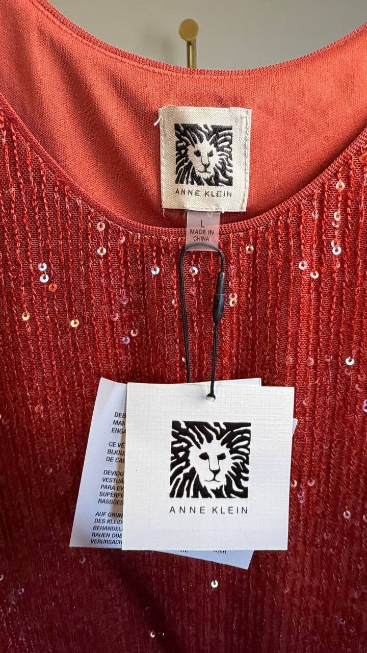 Anne Klein Sequin Double‑Scoop Sleeveless Tank Red L NWT $69
