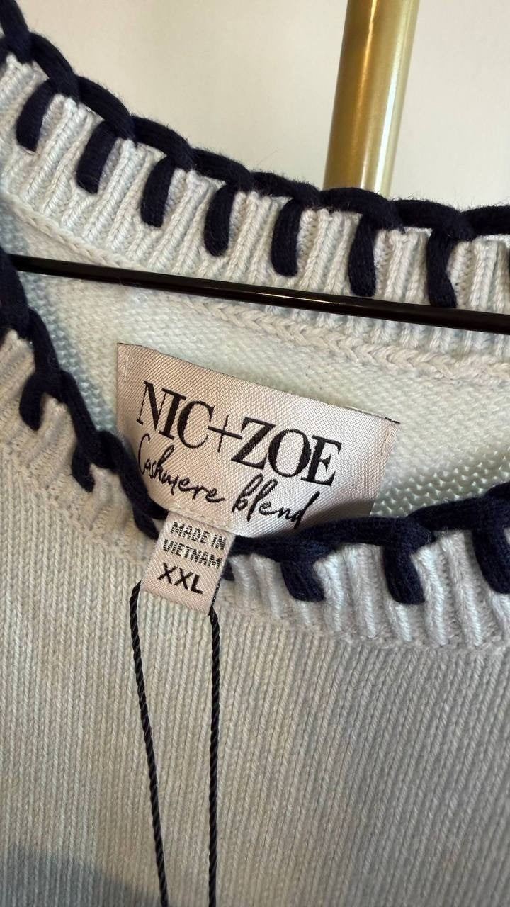 NIC+ZOE Women’s Blanket Stitch Cotton‑Blend Sweater Blue Glow XXL $158 NWT