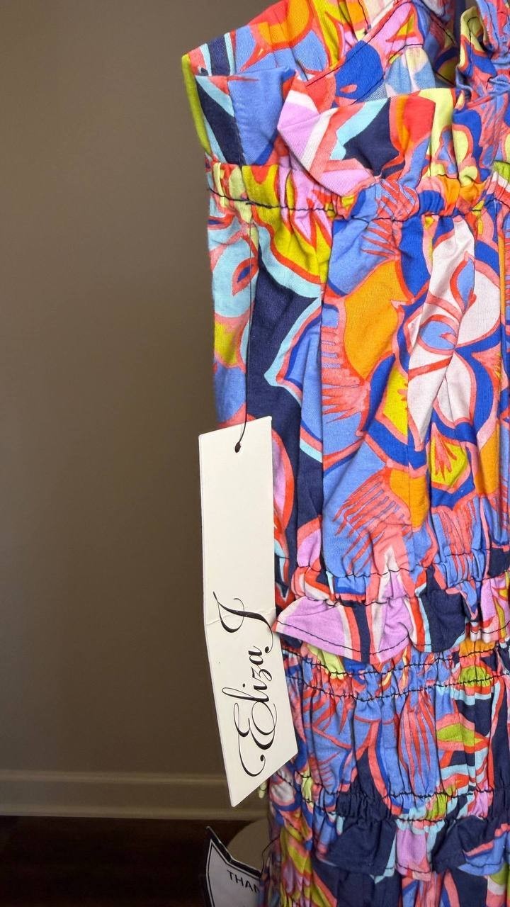 Eliza J Cotton Smocked-Waist Floral Midi Dress Multi 10 NWT $138