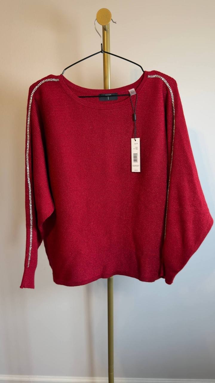 T Tahari Ribbed Embellished Dolman‑Sleeve Sweater Baked Cherry XS NWT $88