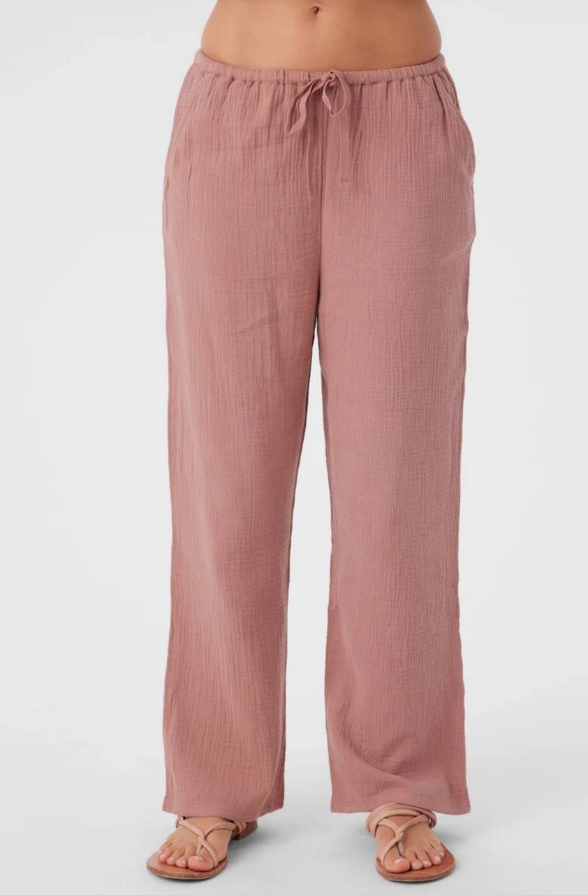 O'Neill Wide-Leg Cropped Pants - Crinkle Cotton, Rosewood Pink Drawstring