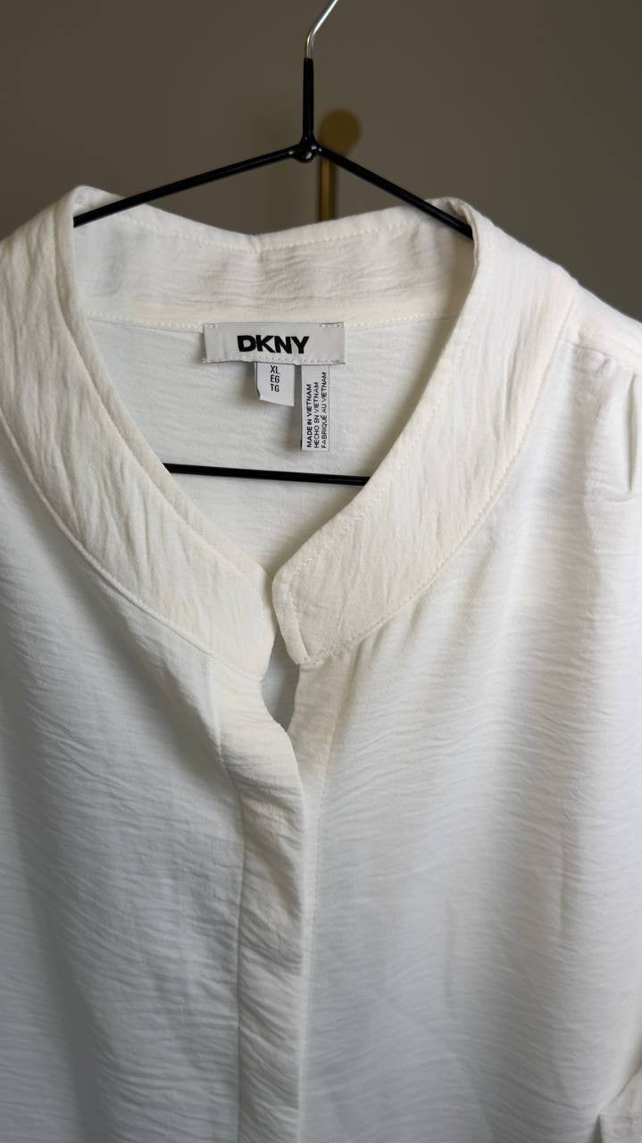 DKNY Bell-Sleeve Mandarin Collar Textured Blouse Ivory XL NWT $59