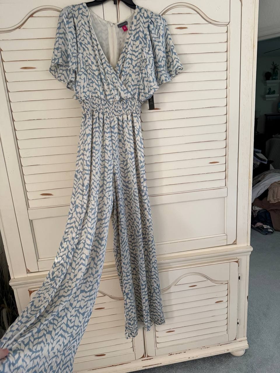Vince Camuto Blue Floral Flutter-Sleeve Jumpsuit XS Wide-Leg One-Piece