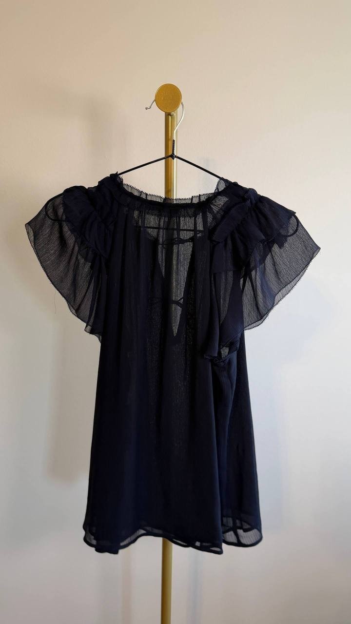 Tommy Hilfiger Split‑Neck Flutter‑Sleeve Blouse Midnight S $79 NWT