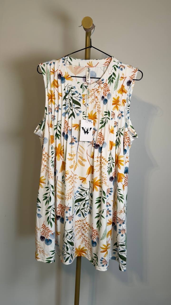 White Mark Floral Sleeveless Tunic Top Pin‑Tuck Pleated White XL NWT $52