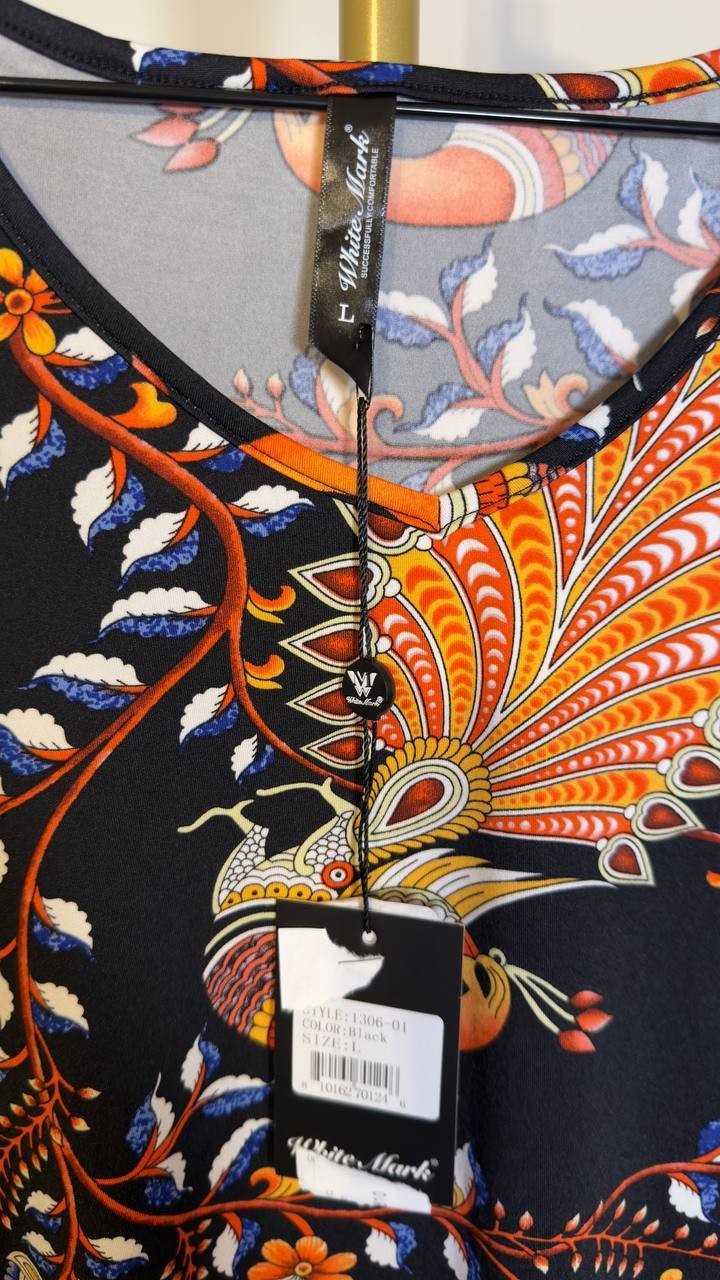 White Mark Vibrant Boho Swing Top V‑Neck Paisley Black L NWT $54