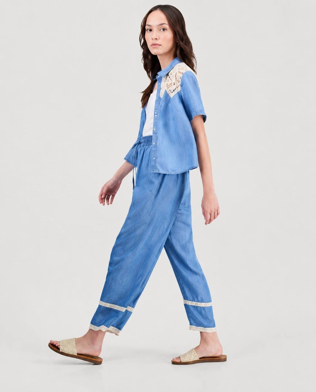And Now This Chambray Lace-Trim Wide-Leg Pants Drawstring PS NWT $59.50
