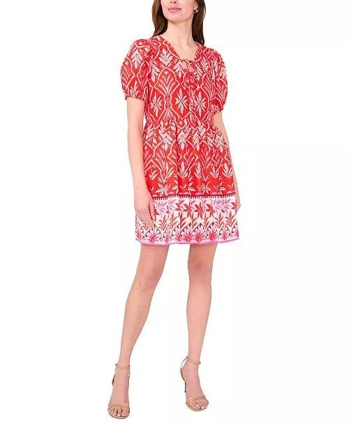 MSK Printed Tie‑Neck Short‑Sleeve Fit & Flare Dress Red XS NWT $89