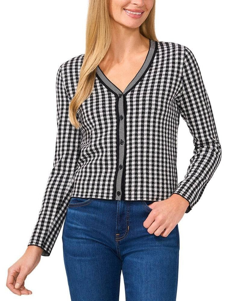 CeCe Gingham Jacquard V-Neck Cardigan Black M Cotton Knit Sweater for Women