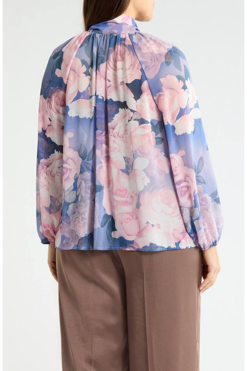 Tahari ASL Printed Ruffle Top Blue Petal Floral 1X NWT $109