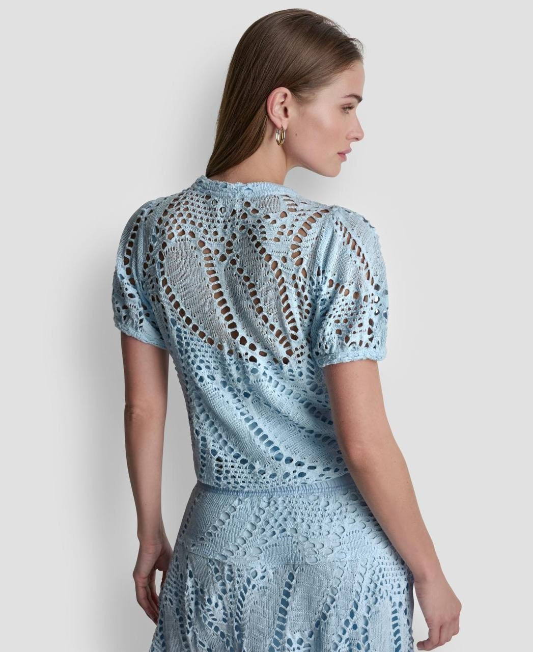 DKNY Leaf Crochet Short‑Sleeve Cotton Top Blue M NWT $99
