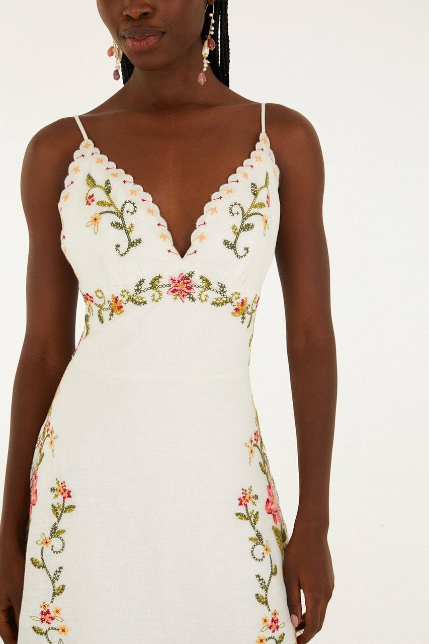 FARM Rio Off‑White Flower Embroidery Asymmetric Hem Midi Dress L NWT