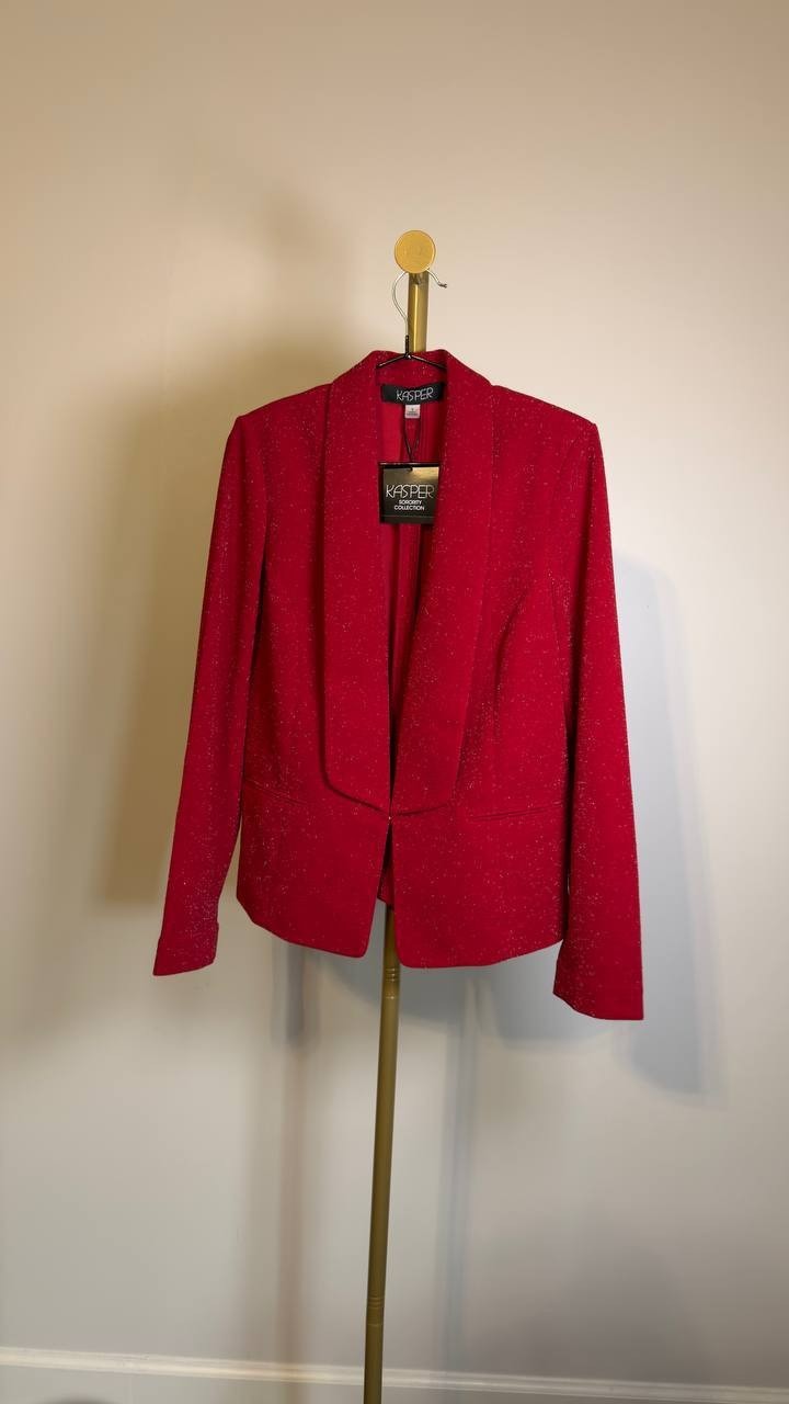 Kasper Lurex Knit Shawl Collar Jacket – Red – NWT – Long Sleeve – Hook & Eye