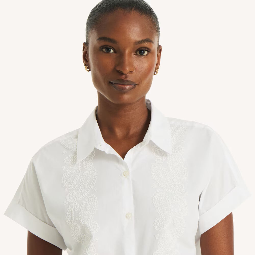 Nautica Women’s Embroidered Camp Shirt Bright White XS NWOT $64.50