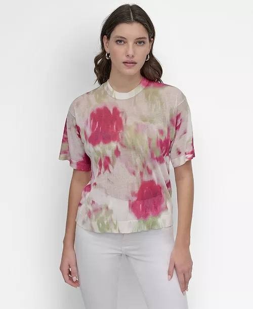 DKNY Watercolor‑Print Short‑Sleeve Sweater Blush Multi XS $89 NWT