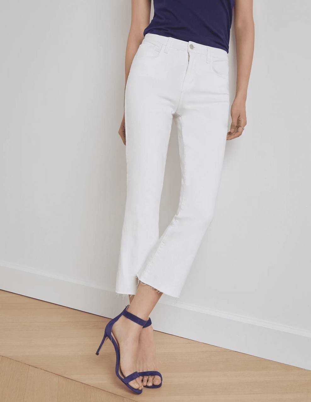 L’Agence Kendra High Rise Crop Flare Jeans Raw Hem White 24 NWT $275