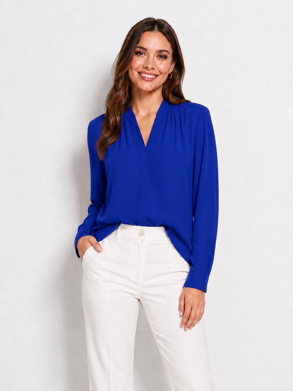Kasper - Blue - V‑Neck Blouse – Long Sleeve – NWT