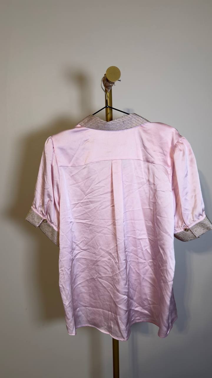 Karl Lagerfeld Paris Satin Stud Beaded Sleeve Blouse Soft Pink L NWOT $109