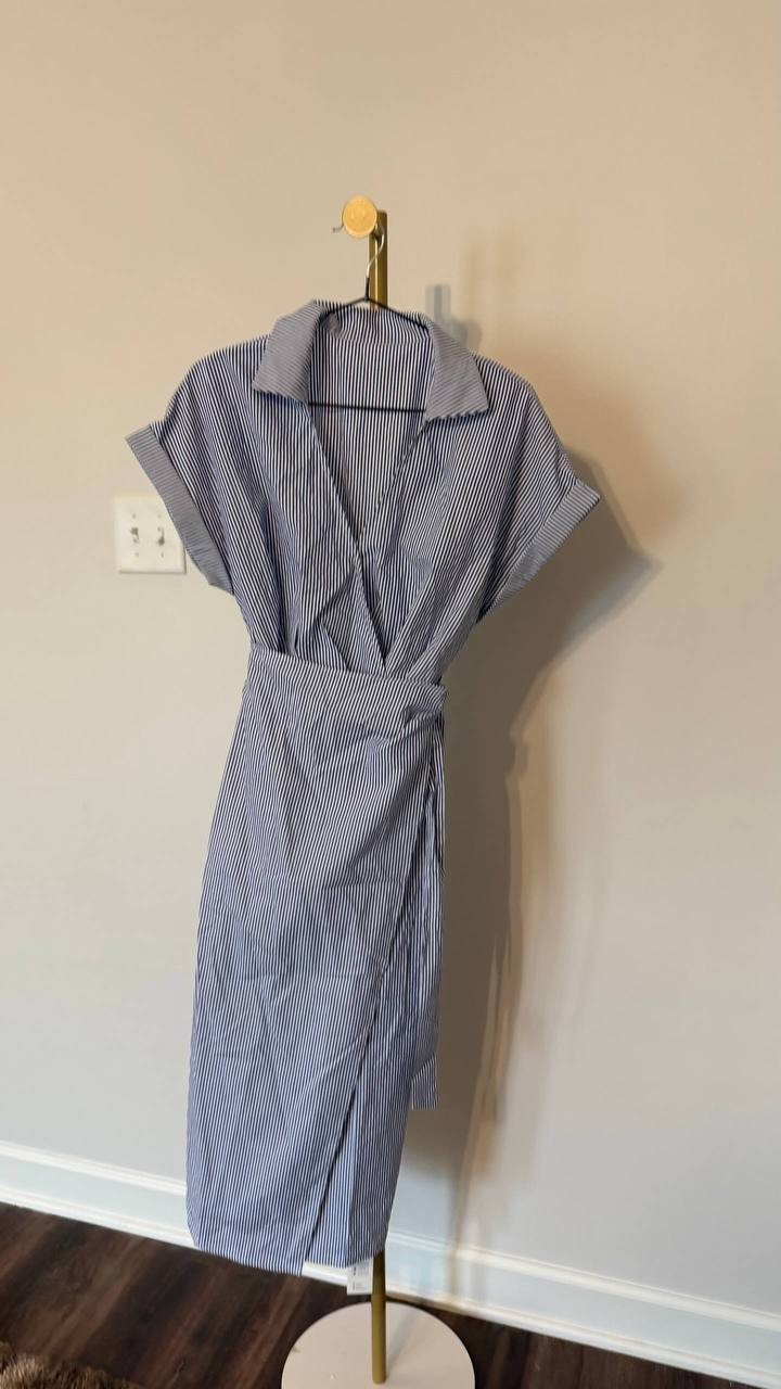 Cupshe Blue Pin‑Stripe Collared Wrap Midi Dress Size S NWT Summer msrp$50.99
