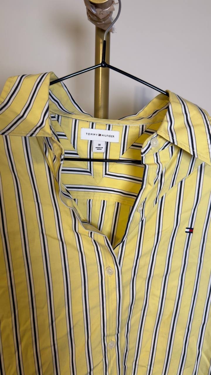 Tommy Hilfiger Boxy Cotton Shirt Licorice Stripe Citronella 38 NWOT $79.50