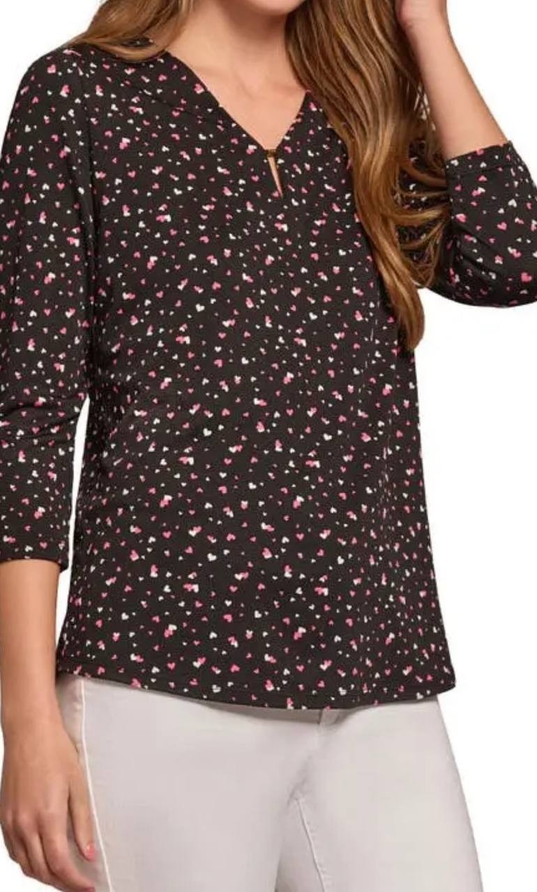 Jones New York Heart‑Print 3/4 Sleeve Crepe Top Black Multi S $59.50 NWT