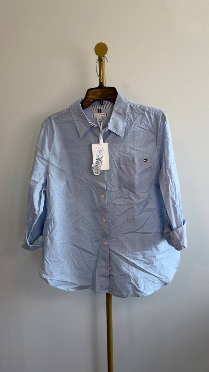 Tommy Hilfiger Women’s Clip Dot Roll‑Tab Collared Shirt Light Blue L NWT $74.50