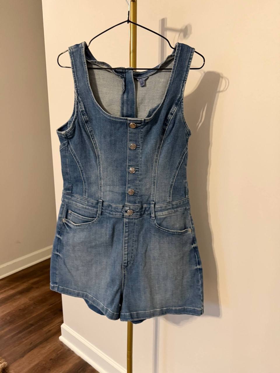 Guess Eco Denim Button‑Front Romper Blue Size L/G NWOT Sustainable Chic msrp$168