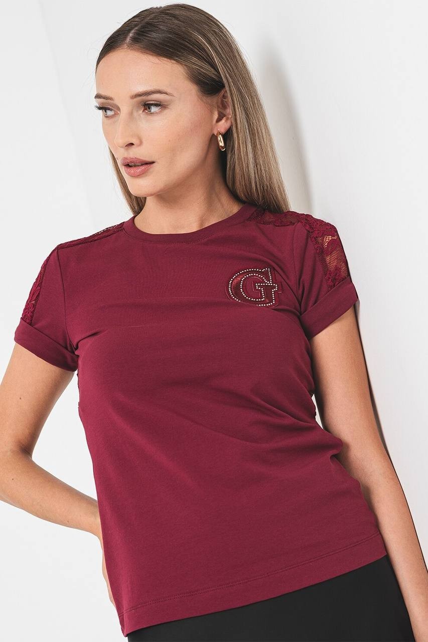 Guess Women’s Lace Sleeve Rhinestone Logo Tee Burgundy XS $50 NWT