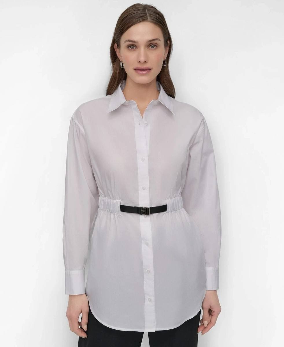 DKNY Cotton Belted Button‑Front Shirt White L NWT $119