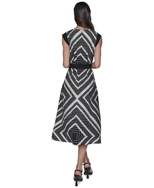 Karl Lagerfeld Paris Geo‑Print Belted V‑Neck Midi Dress Black/White XS NWT $159