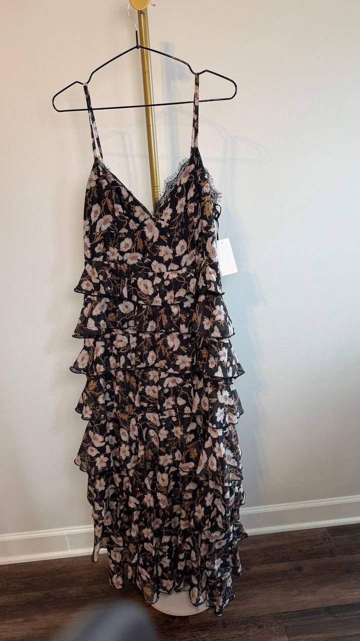 1.STATE V‑Neck Tiered Floral‑Print Maxi Dress Reach Black L NWT $139
